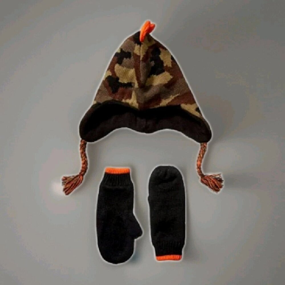 Spotted Zebra Boy's Camouflage Dino Hat Cap & Mitten Fleece Lined (4-7 Years)